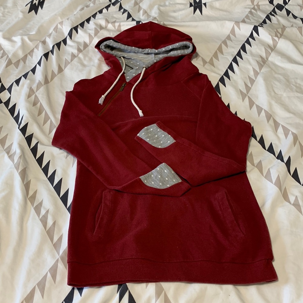 Red and grey double hooded sweatshirt